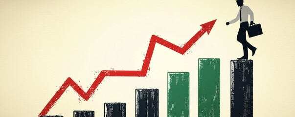 Businessman climbing profit bar chart with rising red arrow