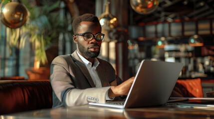 Poster - A man wearing glasses and a suit is sitting at a table with a laptop