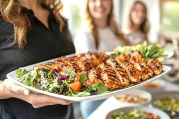 Wall Mural - Photo of a woman serving a plate of colourful salad and chicken. AI generative.