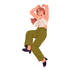 Poster - Young woman jumps for joy, winks, hands up. Happy employee rejoices at business success. Positive girl celebrates win, has fun for victory. Flat isolated vector illustration on white background