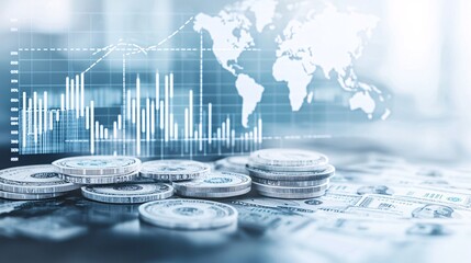 Poster - An array of international currency notes is displayed in front of a world map, with a graph showing currency fluctuations nearby. The image is perfect for discussions on how these changes affect
