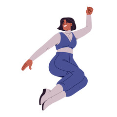 Poster - Happy woman jumps for joy, hands up. Employee celebrates business success. Office worker rejoices at win, victory. Positive black girl has fun. Flat isolated vector illustration on white background
