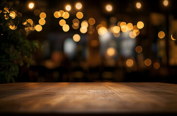 Sticker - Empty wood table top on blur light gold bokeh of cafe restaurant in dark background