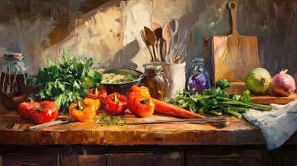 Wall Mural - Rustic Farm-to-Table Meal Being Prepared with Fresh Vegetables and Herbs in a Sunlit Kitchen - Warm and Inviting Culinary Scene