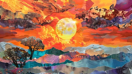 Poster - Abstract Landscape with a Bright Sun and Trees