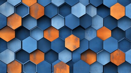 Poster - Seamless Abstract with Repeating Hexagons in Chambray Blue and Burnt Orange