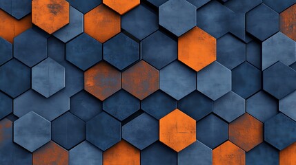 Poster - Seamless Abstract with Repeating Hexagons in Chambray Blue and Burnt Orange