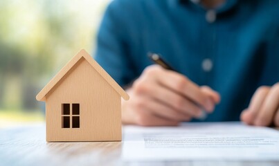 real estate agent signing contract agreement paperwork for new home purchase with house model and pen