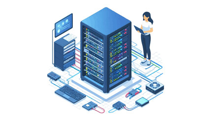 server rack with blinking lights and cables vector