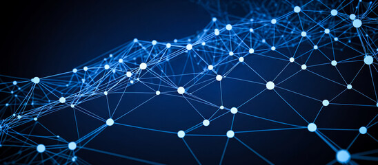 Poster - Digital abstract network visualization with numerous connected points and lines on dark blue background. advanced data architecture, internet connectivity, technological systems in cyberspace