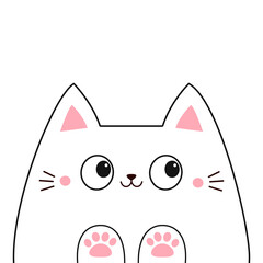 Poster - Peeking white smiling cat. Kitten hands. Pink paw print on the table. Line contour silhouette. Funny Kawaii pet animal. Cute cartoon baby character. Childish style. Flat design White background Vector