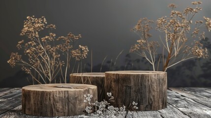 Poster - Three wooden pedestals with flowers on top of them