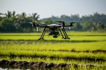 Wall Mural - Modern advanced farming practices with drones flying over rice fields and used to monitor the condition and growth of crops before harvest.