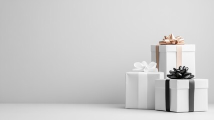 Wall Mural - A monochromatic still life featuring a stack of gift boxes with various bows, arranged in a minimalist setting with clean lines and elegant simplicity.