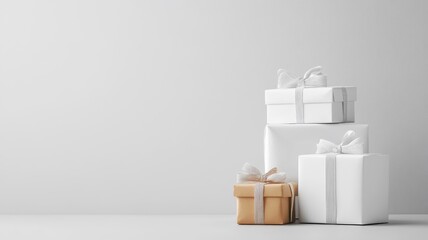 Wall Mural - A monochromatic still life featuring a stack of gift boxes with various bows, arranged in a minimalist setting with clean lines and elegant simplicity.
