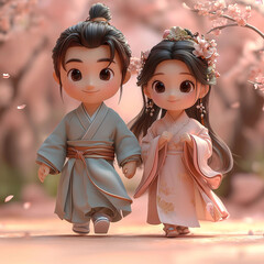 Wall Mural - 3D Cartoon Style Full-Body Illustration of a boy and a Girl in Traditional Chinese Clothes Running Together in Qixi Festival, Pink Color, hand in hand Chinese couple