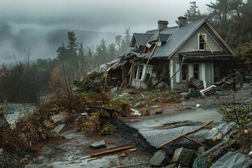 A house is overwhelmed by a landslide, highlighting the vulnerability of human dwellings to geological events, Homes ripped apart by the force of nature, AI generated