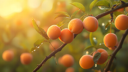 A close-up of ripe apricots on a branch, glistening with morning dew in soft sunlight.