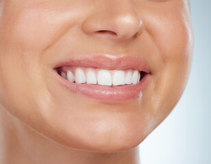 Canvas Print - Woman, mouth and happy in studio for dental care with hygiene and teeth whitening for gum health. Female person, smile and satisfied with oral treatment or canal procedure on white background