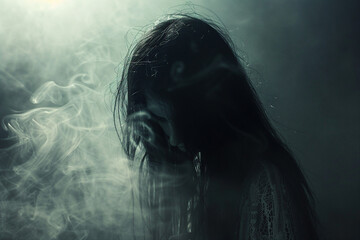 Poster - Image of a creepy scary ghostly female figure generative AI concept