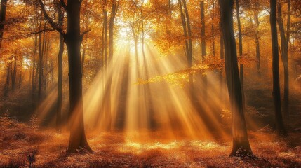 Wall Mural - Golden Rays of Sunlight Filtering Through Autumn Trees in a Misty Forest