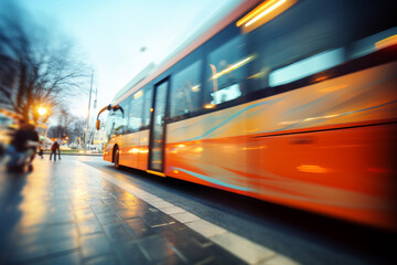 Wall Mural - Ai generated picture of a city bus powered speed riding down a busy street