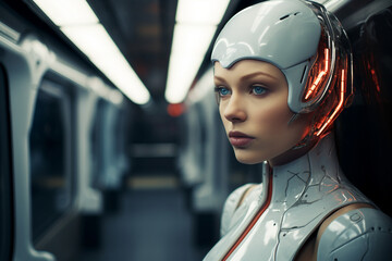 Wall Mural - Ai generated picture of a futuristic person in standing in a train