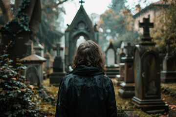 Poster - AI generated picture of young person standing at the cemetery alone