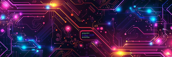 Poster - A colorful digital circuit board design that prominently features glowing nodes along with vibrant lights all around