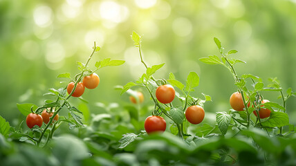 Wall Mural - Red tomatoes on a summer day, green leaves of plants in sunlight close-up