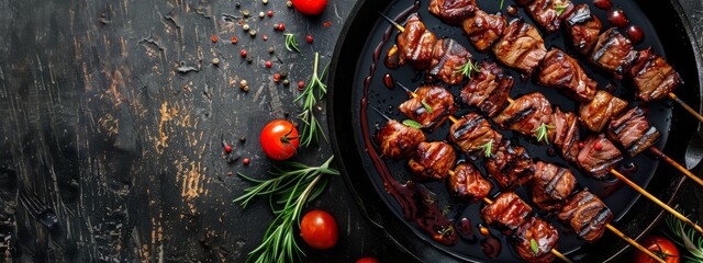 Wall Mural - Grilled bbq meat on skewers, on rustic background with copyspace.