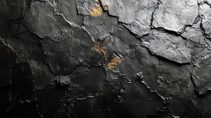  A close-up of a rough, dark grey stone surface with some gold-colored markings.