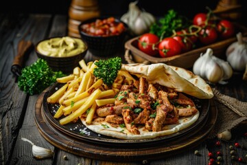 Chicken wrap - tortilla bread, served with fries. Beautiful simple AI generated image