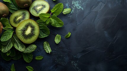 Canvas Print - Fresh Kiwi and Mint on Dark Background