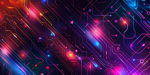 Poster - A vibrant and colorful, dynamic circuit board design that showcases neon lights and glowing elements throughout