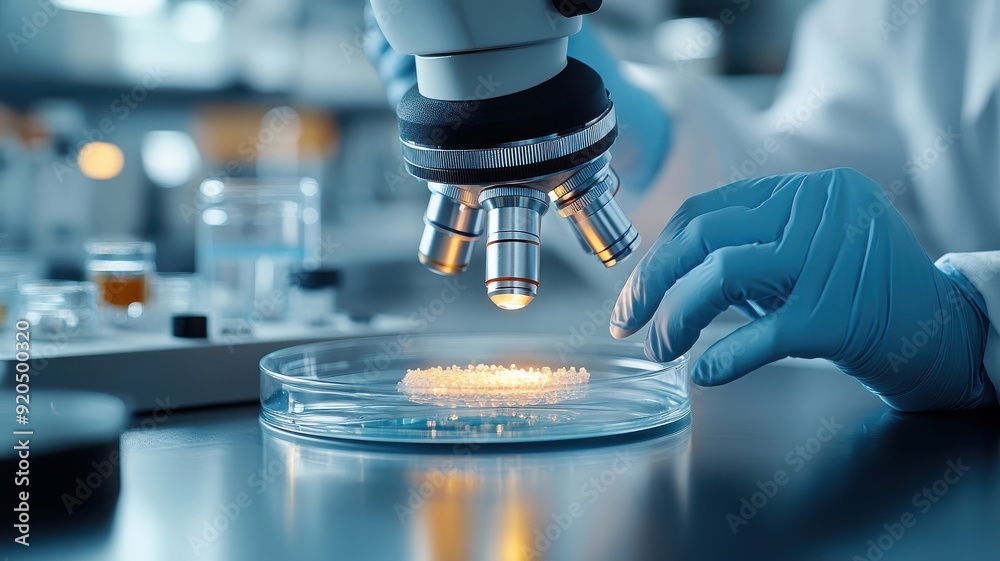 Petri dish culture under a microscope, with a scientist adjusting the ...