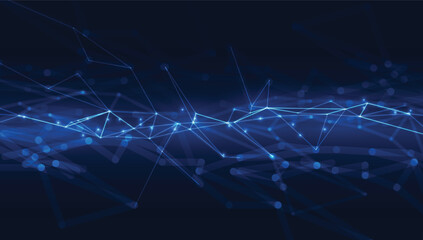 Poster - Technology network backgroung. Abstract connected dots and lines on blue background. Communication and technology network concept with moving lines and dots.