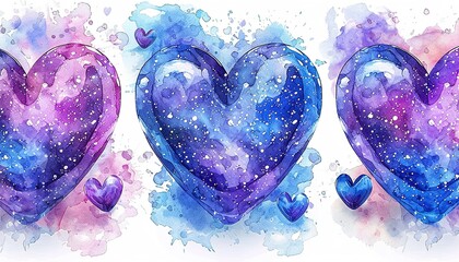 Wall Mural - Watercolor seamless pattern of purple hearts