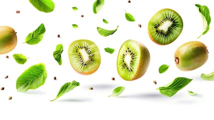 Sticker - Kiwi Fruit and Leaves in Mid-Air