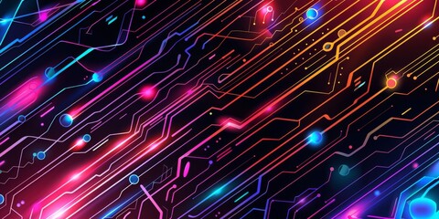 Poster - A vibrant and colorful neon circuit design displaying bright lines and glowing nodes within a digital abstraction