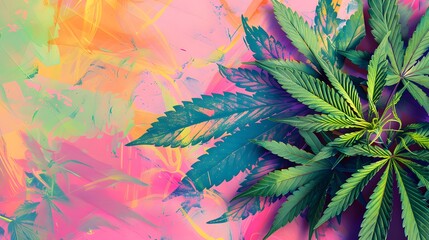 marijuana leaves on a colorful background, close up top view on cannabis leaves and branches on colo
