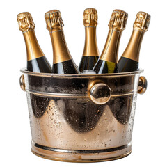 Bottles of champagne in an ice bucket cooler, isolated on transparent