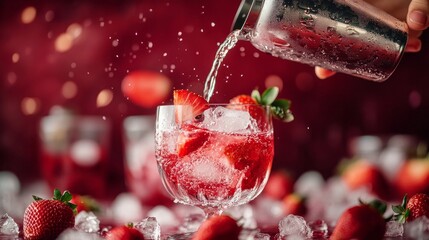 Wall Mural - On a burgundy background, a woman is seen pouring a cocktail from a shaker into a glass filled with a red strawberry dessert, ice cubes, and strawberry slices.