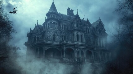 Spooky old gothic castle, foggy night, haunted mansion