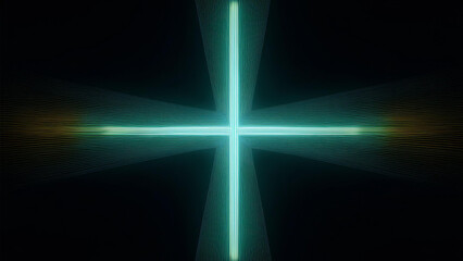 A neon cross in a cyberpunk atmosphere on a dark background exposing the cross. 4K illustration