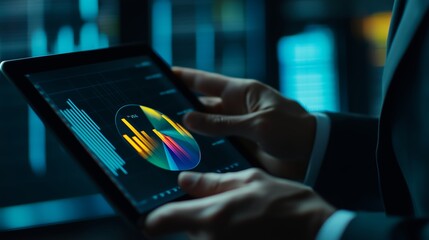 Poster - business professional analyzing colorful bar charts and graphs on a tablet in a dark office setting