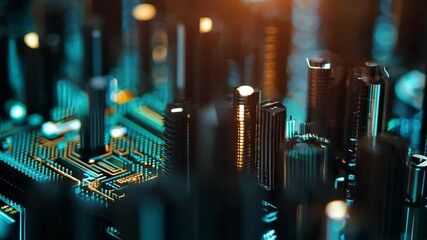 Poster - Close-up of a circuit board illuminated by blue and yellow lights at a tech facility