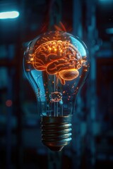 Wall Mural - Illuminated Light Bulb with Glowing Brain Inside Symbolizing Innovation and Creativity in a Dark Background