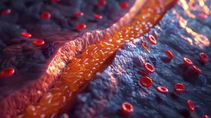 Wall Mural - Detailed 3D Rendering of Blood Flow Through a Constricted Artery with Red Blood Cells