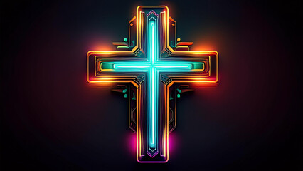 Wall Mural - A neon cross in a cyberpunk atmosphere on a dark background exposing the cross. 4K illustration